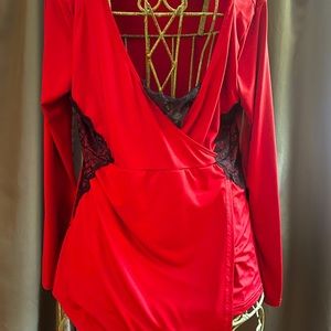 NWOT Dressy red long sleeve blouse w/black lace inserts